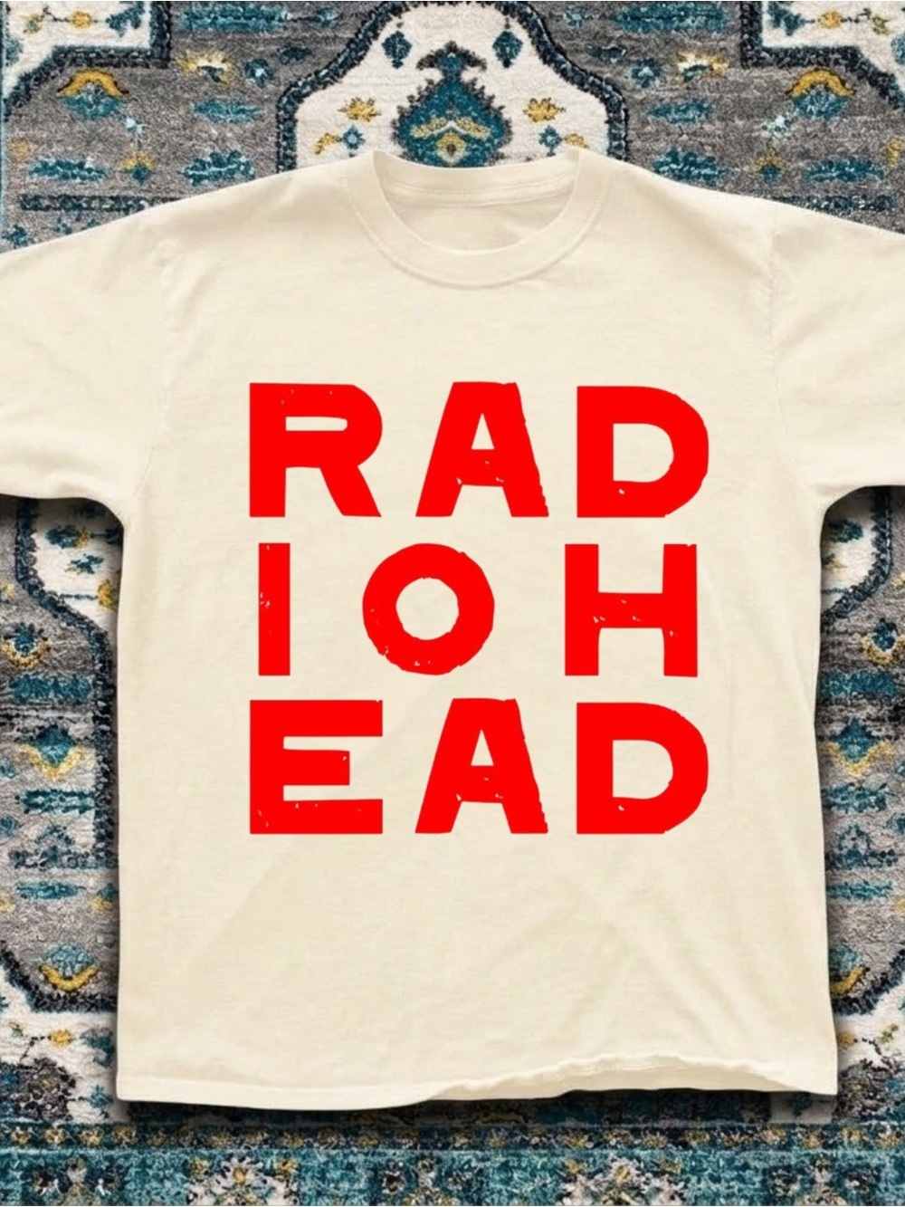 Gildan Radiohead Graphic Tee in Cream with Bold Red Print